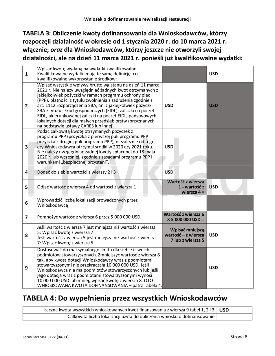 SBA Form 3172 Restaurant Revitalization Funding Application Sample (Polish), Page 8