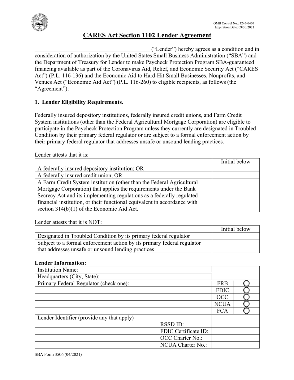 SBA Form 3506 CARES Act Section 1102 Lender Agreement, Page 1