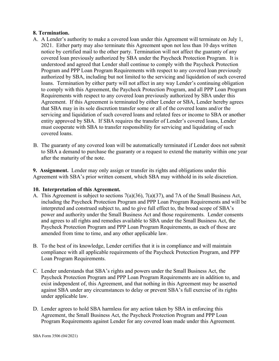 SBA Form 3506 CARES Act Section 1102 Lender Agreement, Page 3