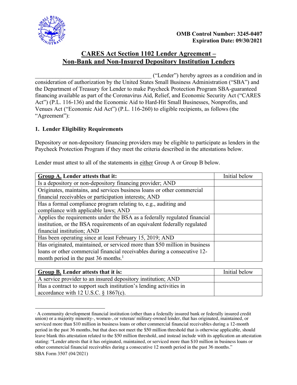SBA Form 3507 CARES Act Section 1102 Lender Agreement - Non-bank and Non-insured Depository Institution Lenders, Page 1
