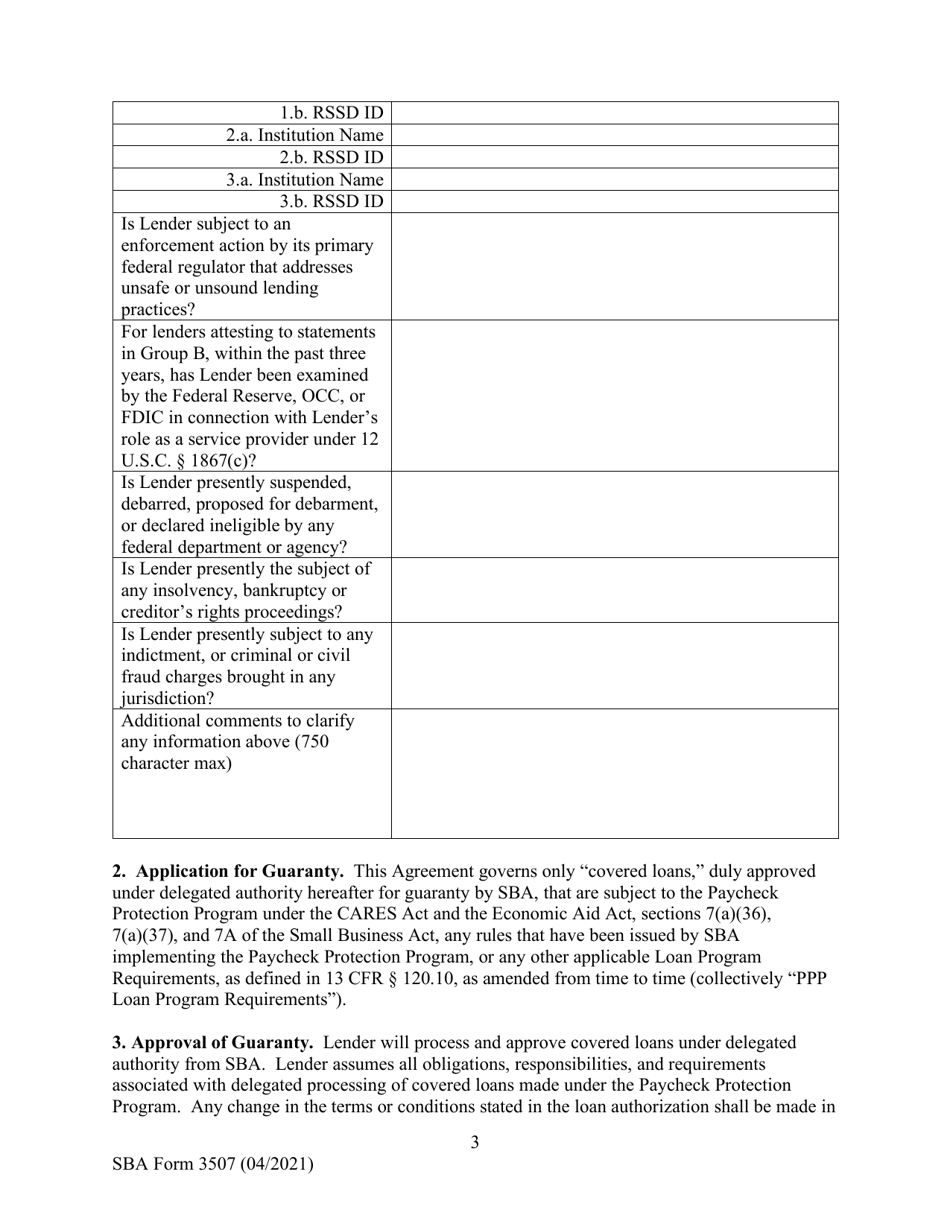 SBA Form 3507 CARES Act Section 1102 Lender Agreement - Non-bank and Non-insured Depository Institution Lenders, Page 3