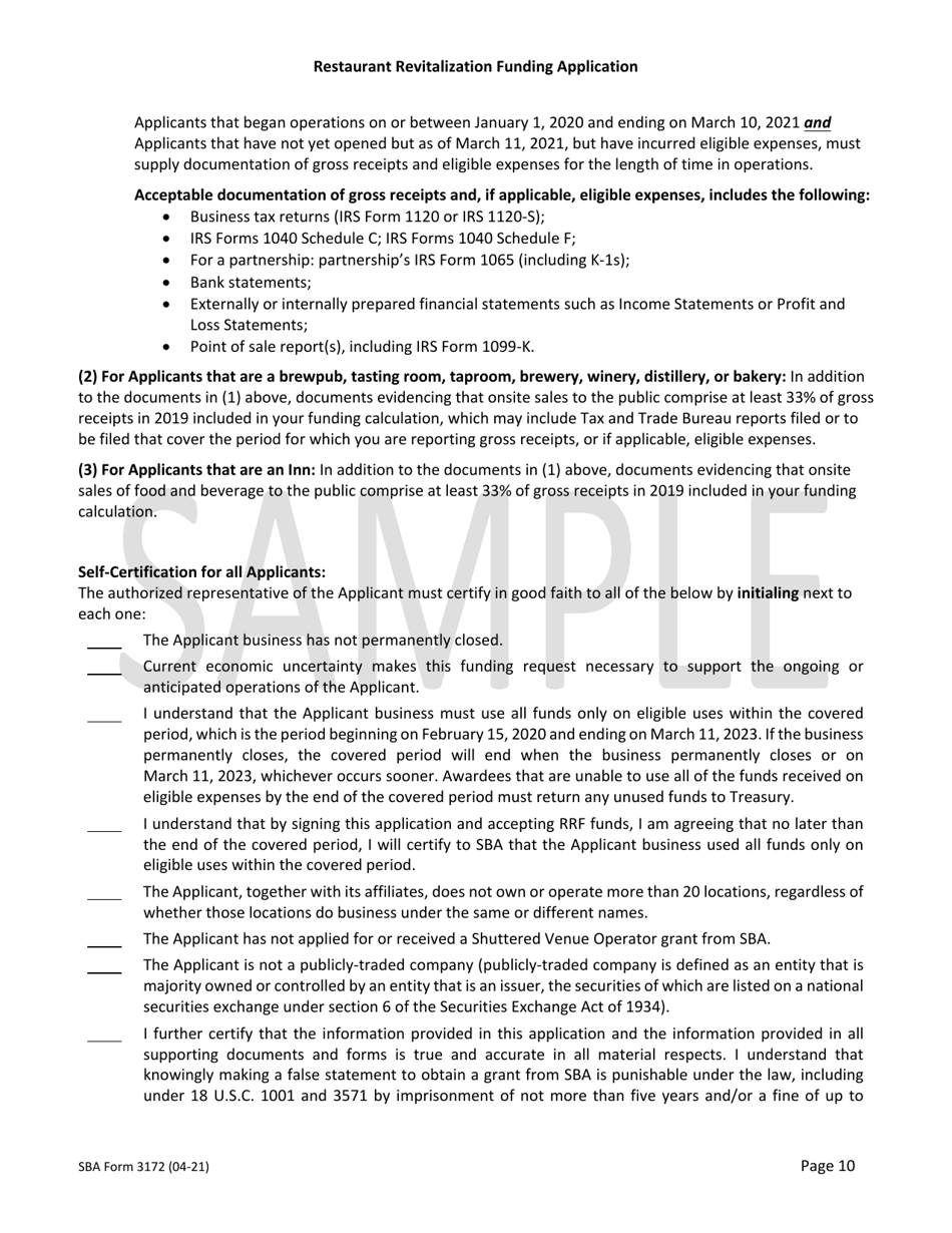 SBA Form 3172 Restaurant Revitalization Funding Application Sample, Page 10
