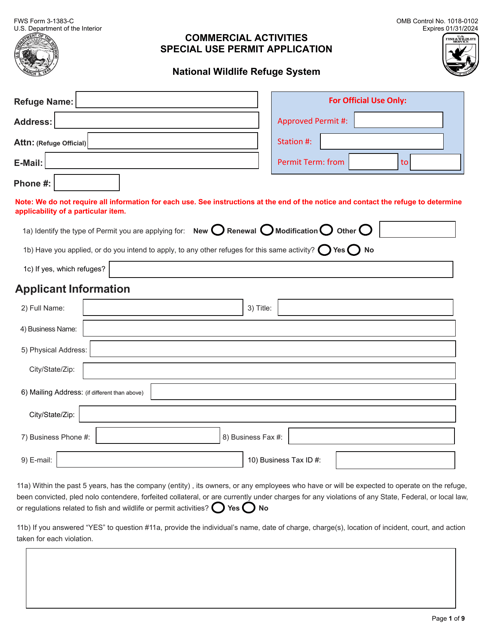 FWS Form 3-1383-C Commercial Activities Special Use Permit Application