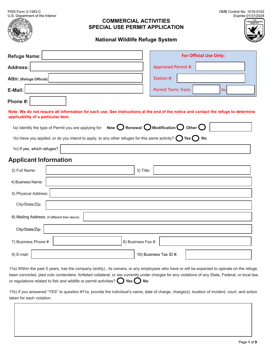 FWS Form 3-1383-C Commercial Activities Special Use Permit Application, Page 1