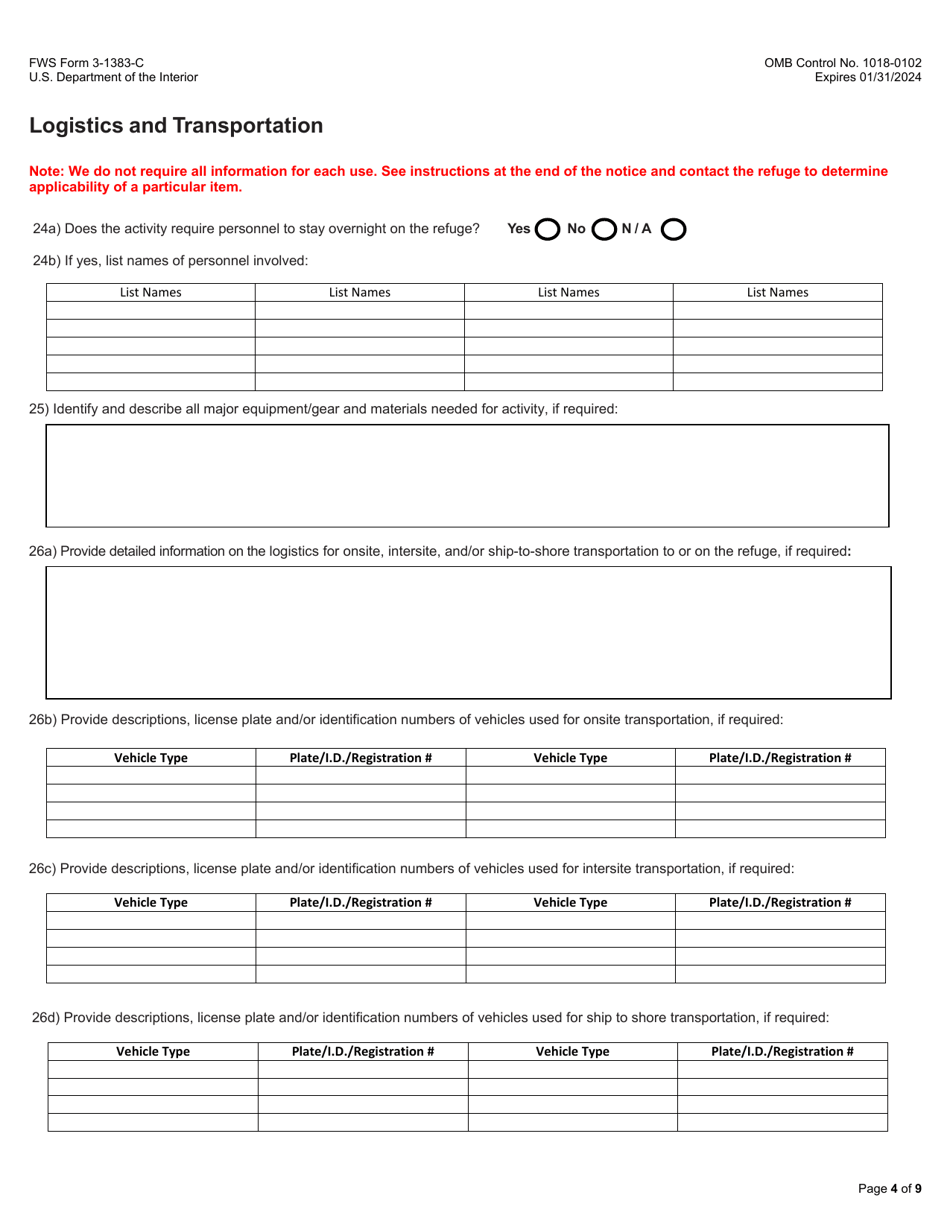FWS Form 3-1383-C Commercial Activities Special Use Permit Application, Page 4