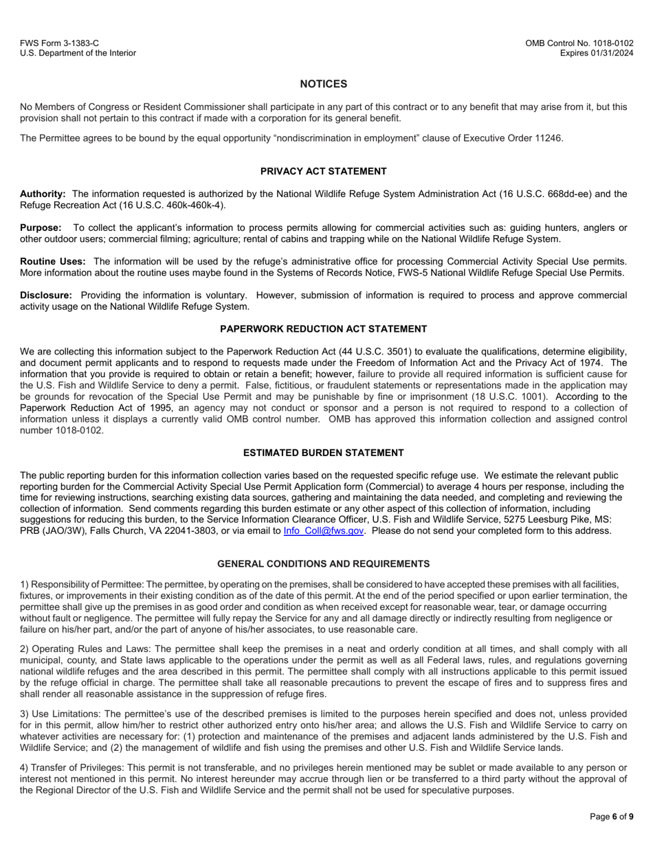 FWS Form 3-1383-C Commercial Activities Special Use Permit Application, Page 6