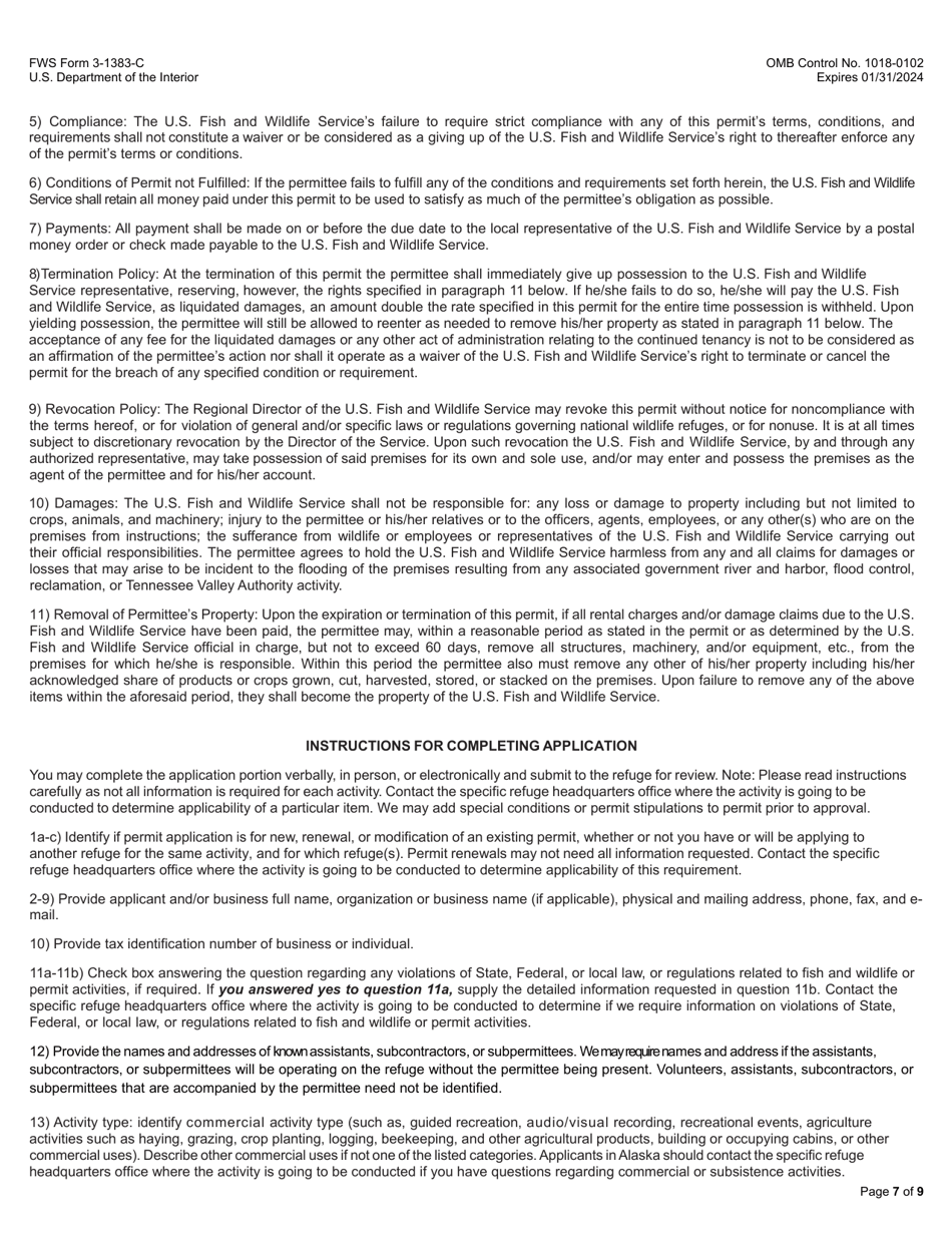 FWS Form 3-1383-C Commercial Activities Special Use Permit Application, Page 7