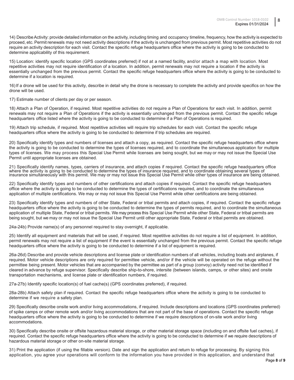 FWS Form 3-1383-C Commercial Activities Special Use Permit Application, Page 8