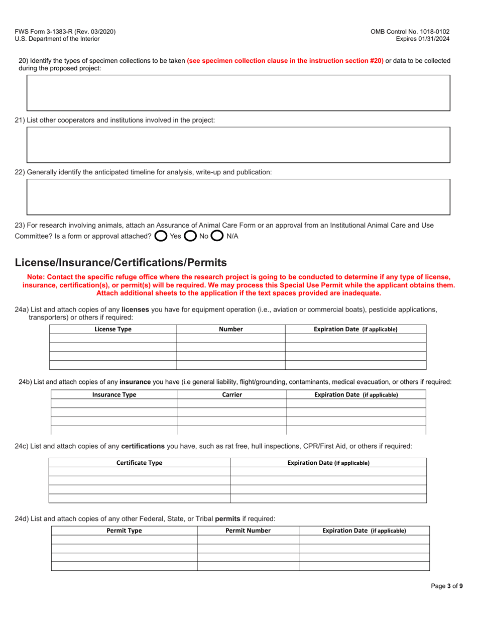 FWS Form 3-1383-R Research and Monitoring Special Use Permit, Page 3