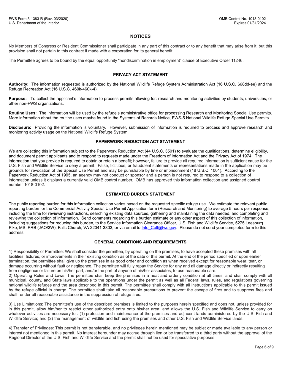FWS Form 3-1383-R Research and Monitoring Special Use Permit, Page 6