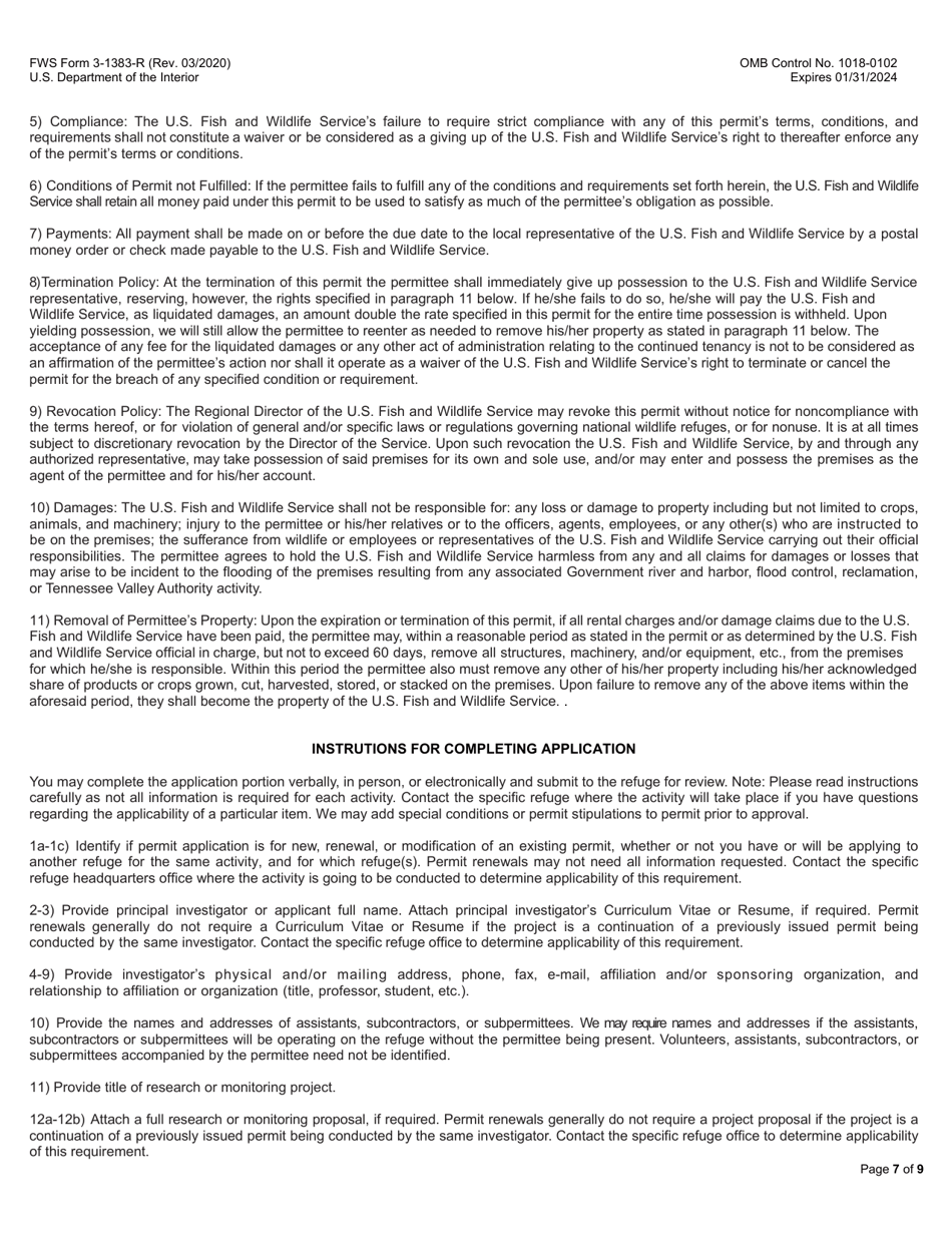 FWS Form 3-1383-R Research and Monitoring Special Use Permit, Page 7