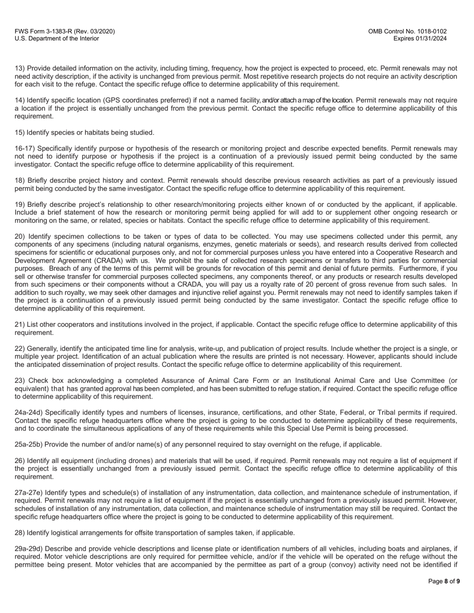 FWS Form 3-1383-R Research and Monitoring Special Use Permit, Page 8