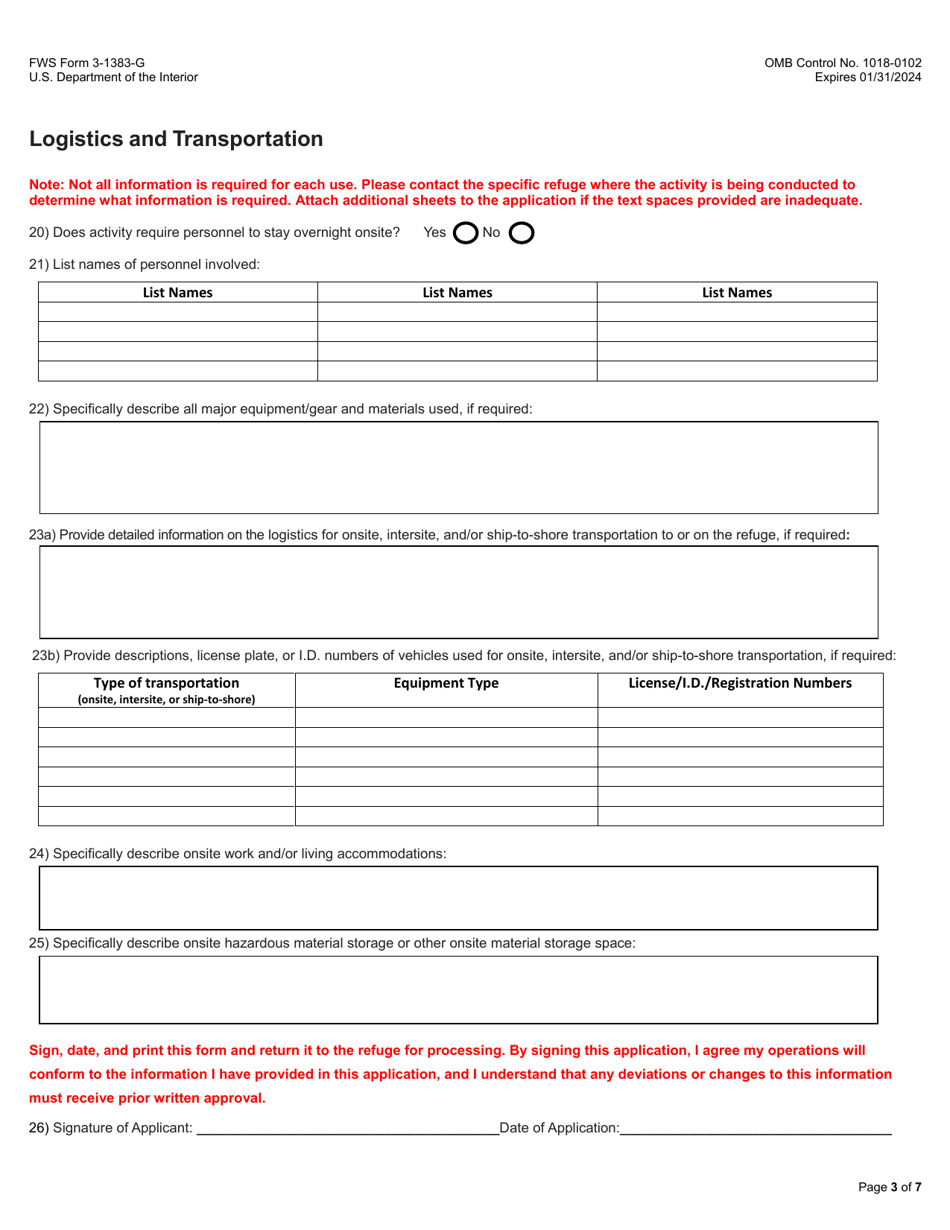 FWS Form 3-1383-G General Activities Special Use Permit Application, Page 3