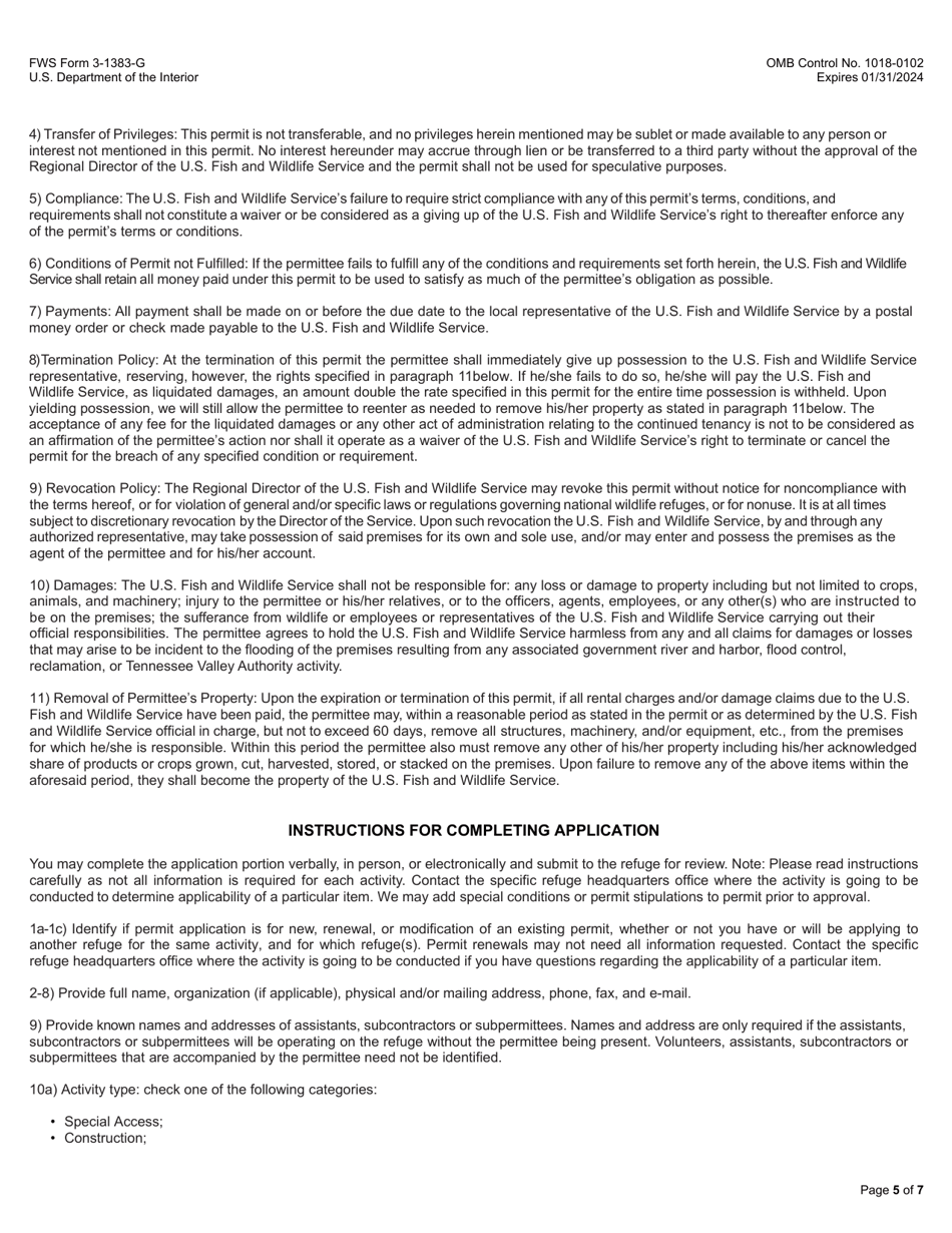 FWS Form 3-1383-G General Activities Special Use Permit Application, Page 5
