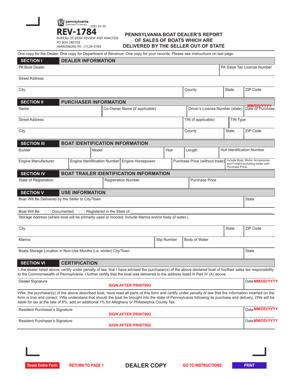 Form REV-1784 Pennsylvania Boat Dealers Report of Sales of Boats Which Are Delivered by the Seller out of State - Pennsylvania, Page 2