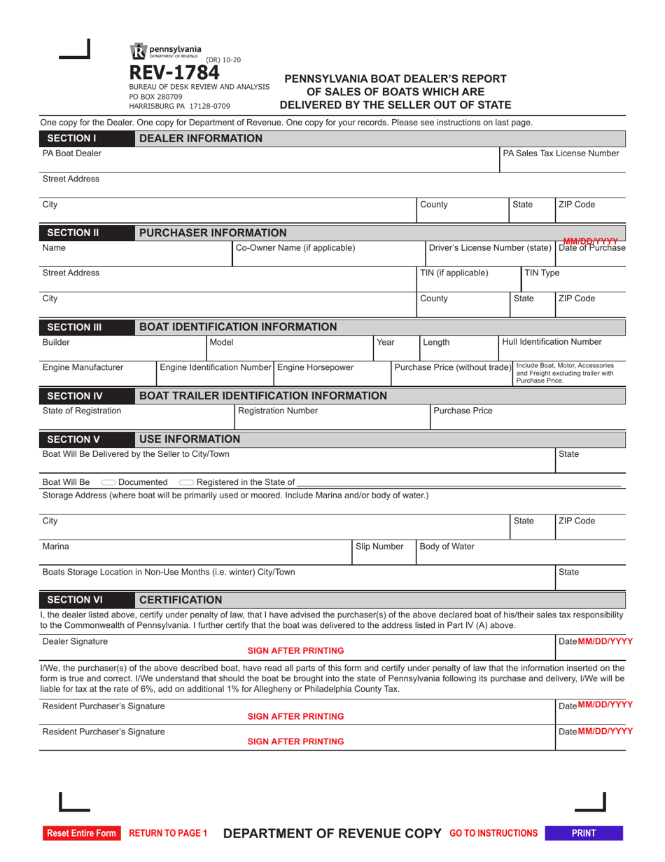 Form REV-1784 Pennsylvania Boat Dealers Report of Sales of Boats Which Are Delivered by the Seller out of State - Pennsylvania, Page 3