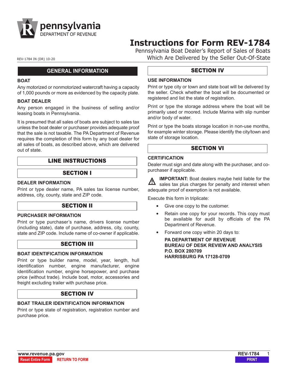 Form REV-1784 Pennsylvania Boat Dealers Report of Sales of Boats Which Are Delivered by the Seller out of State - Pennsylvania, Page 4