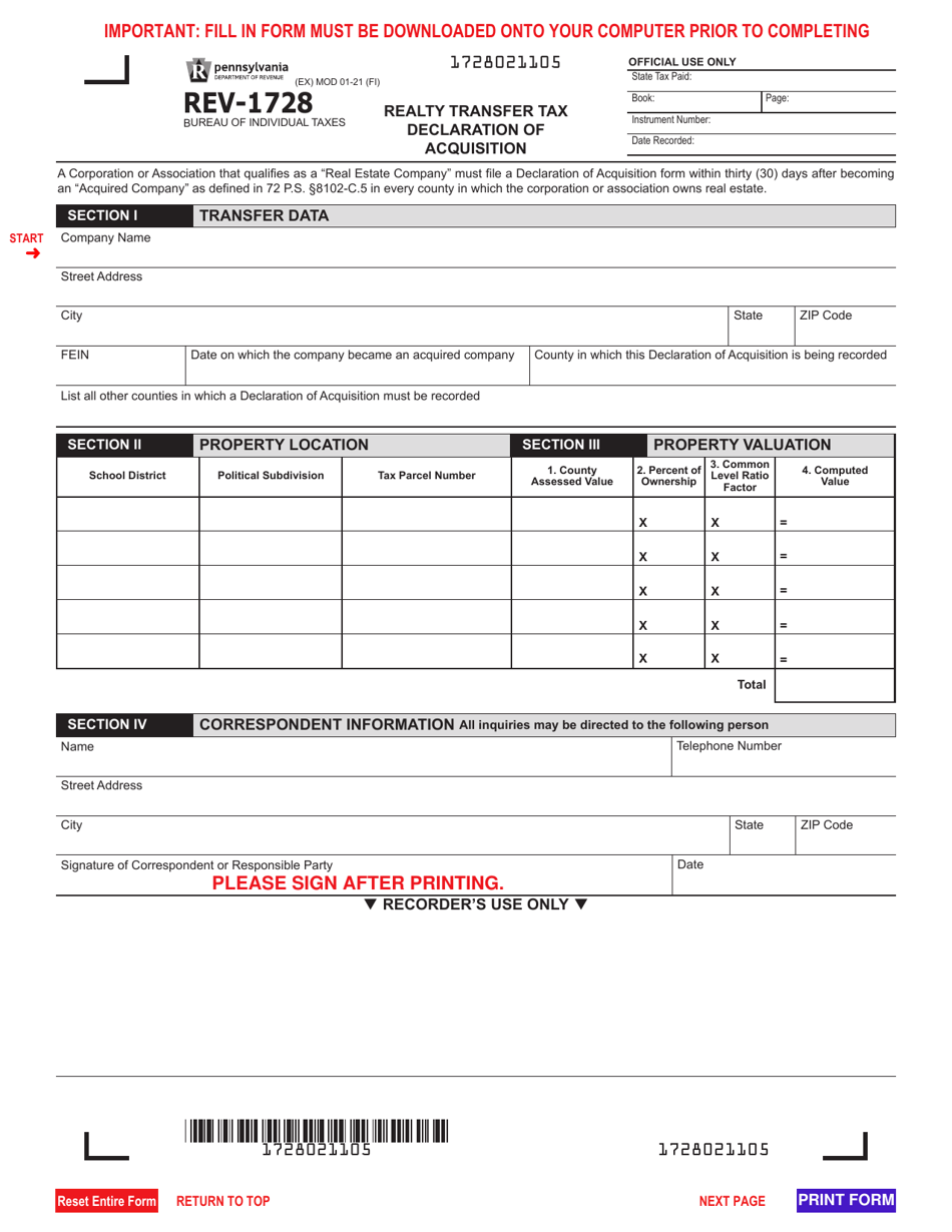 Form REV1728 Download Fillable PDF or Fill Online Realty Transfer Tax
