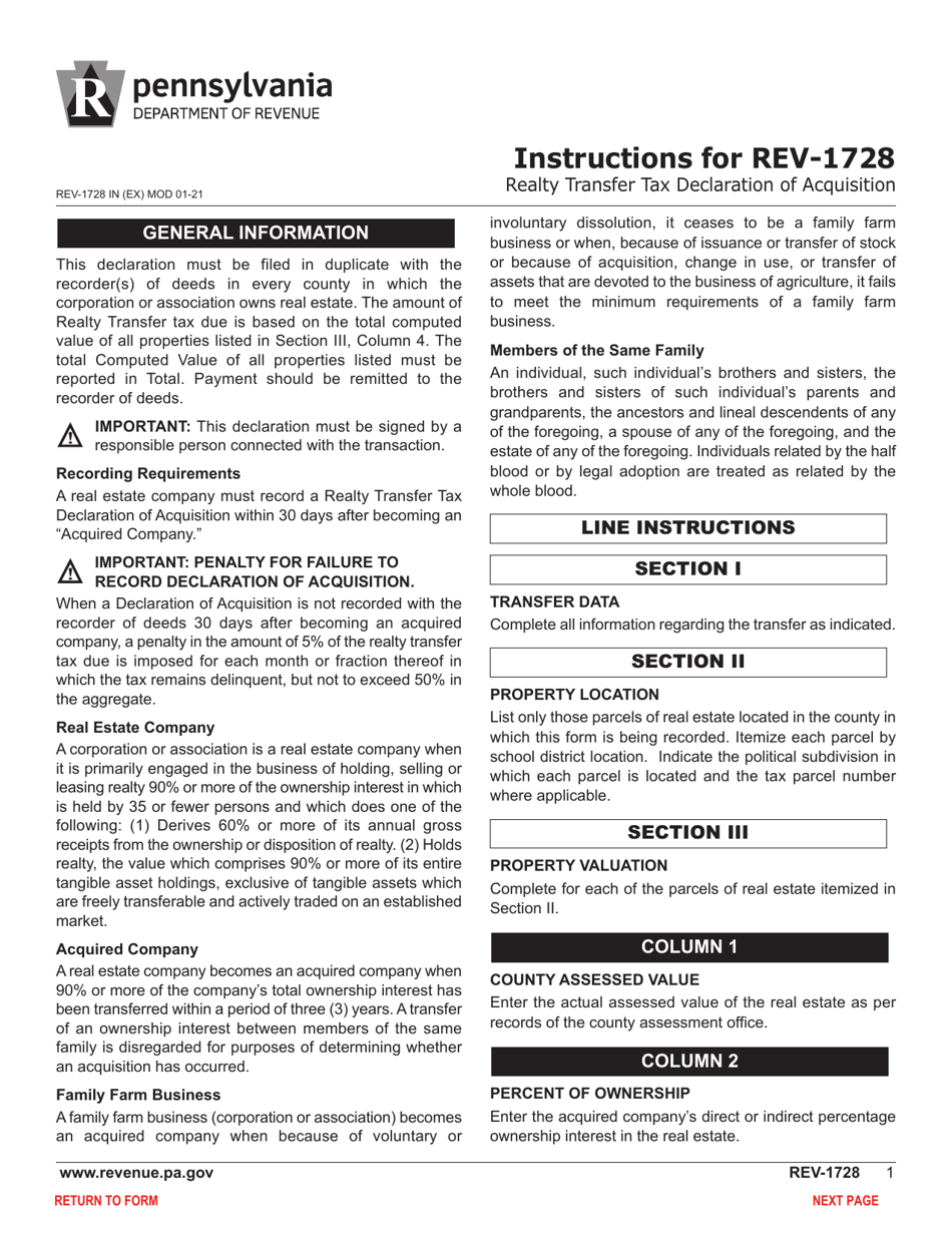 Form REV-1728 Realty Transfer Tax Declaration of Acquisition - Pennsylvania, Page 3