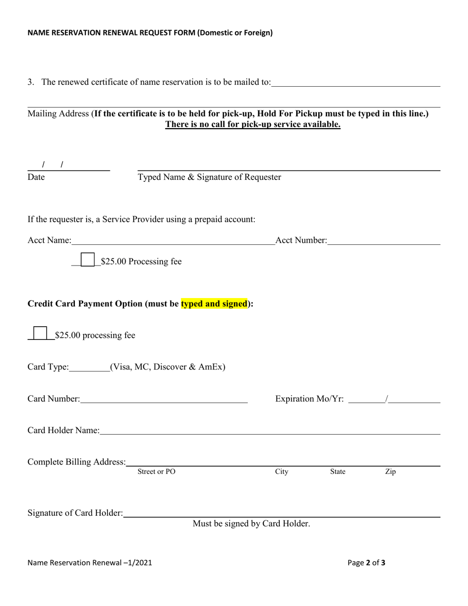 Name Reservation Renewal Request Form (Domestic or Foreign) - Alabama, Page 2