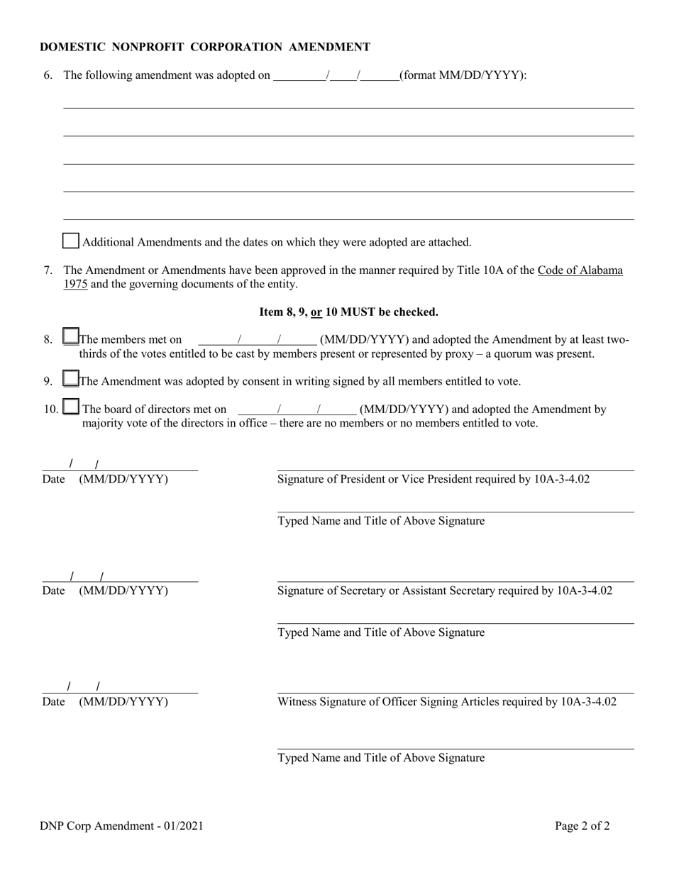 Domestic Nonprofit Corporation Amendment to Formation / Articles - Alabama, Page 2
