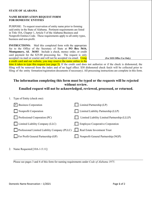 Name Reservation Request Form for Domestic Entities - Alabama Download Pdf