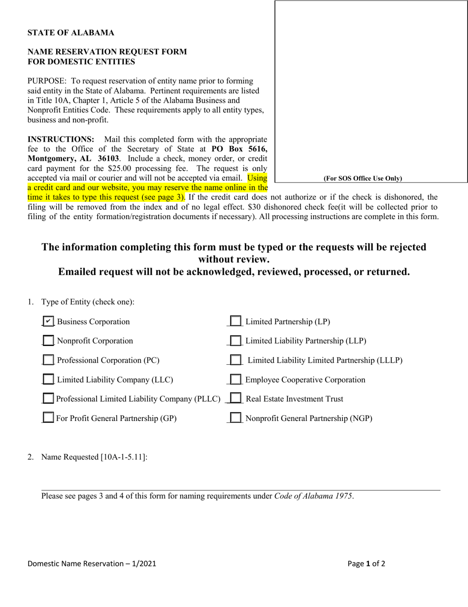 Name Reservation Request Form for Domestic Entities - Alabama, Page 1