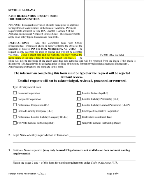 Name Reservation Request Form for Foreign Entities - Alabama Download Pdf