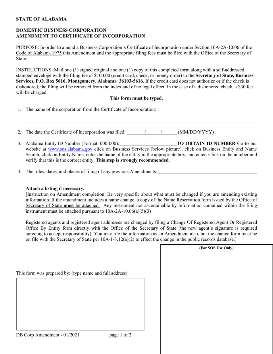 Domestic Business Corporation Amendment to Certificate of Incorporation - Alabama, Page 1