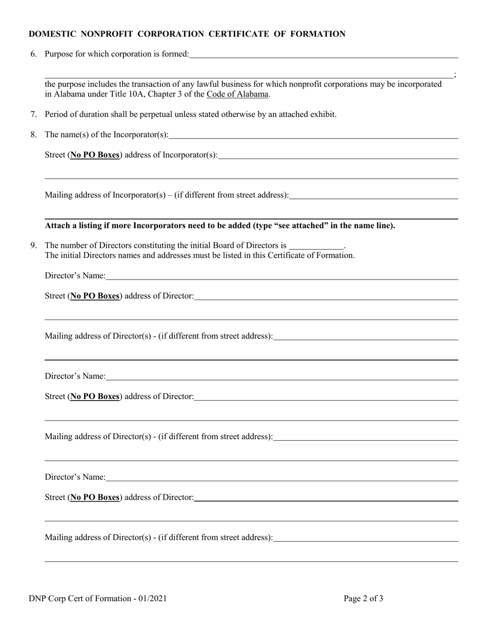 Domestic Nonprofit Corporation Certificate of Formation - Alabama, Page 2