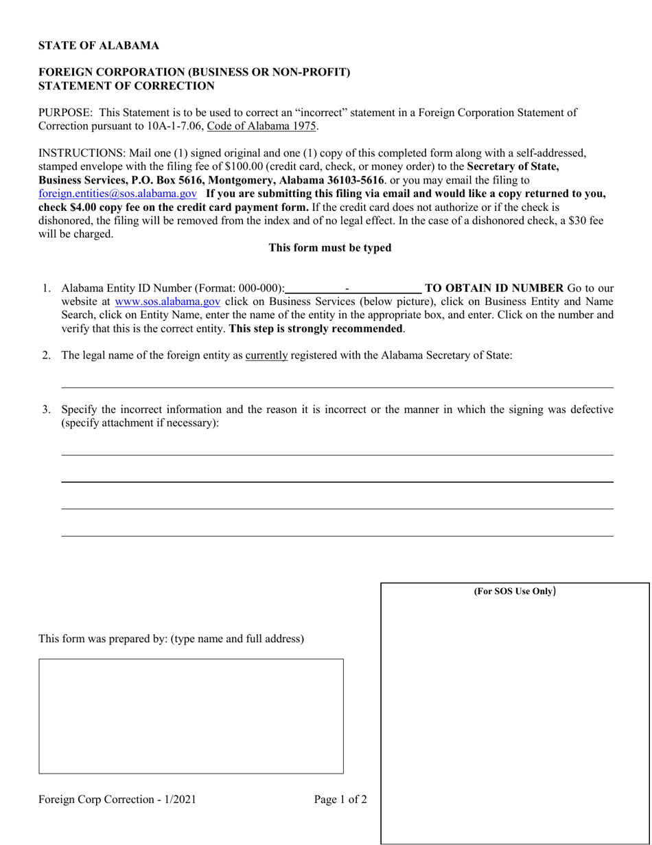 Foreign Corporation (Business or Non-profit) Statement of Correction - Alabama, Page 1
