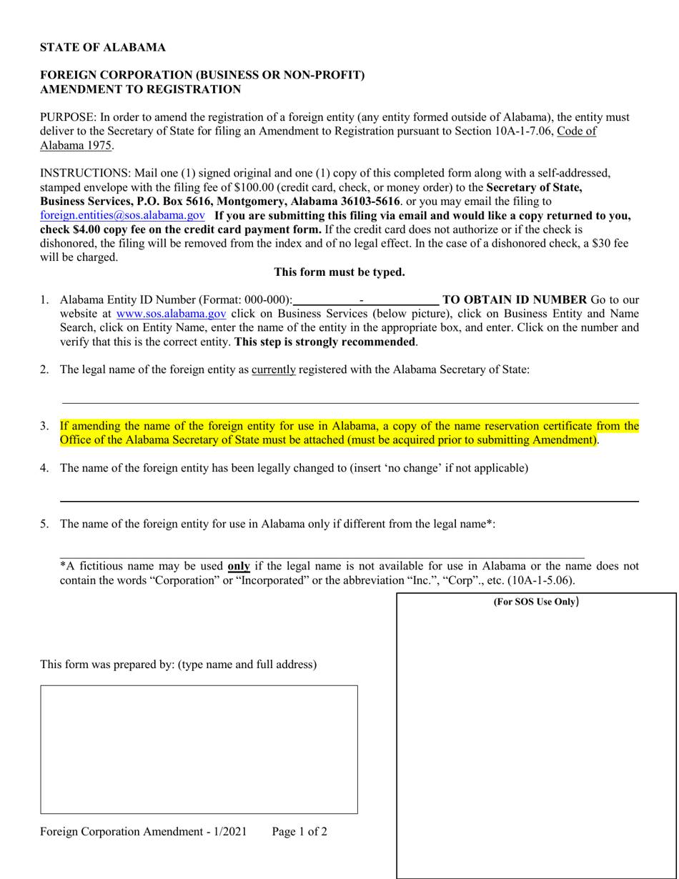 Foreign Corporation (Business or Non-profit) Amendment to Registration - Alabama, Page 1