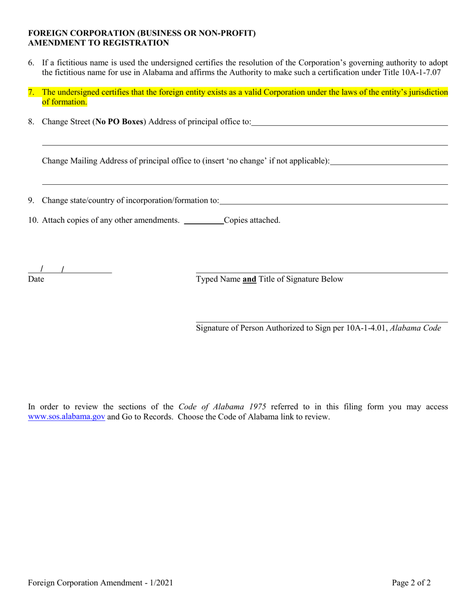 Foreign Corporation (Business or Non-profit) Amendment to Registration - Alabama, Page 2