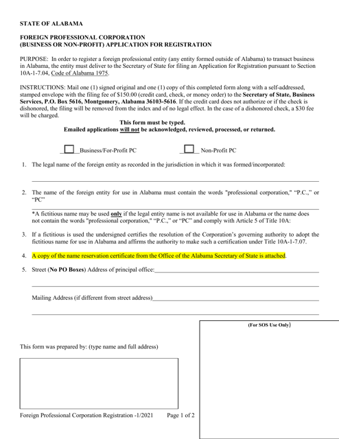 Foreign Professional Corporation (Business or Non-profit) Application for Registration - Alabama Download Pdf