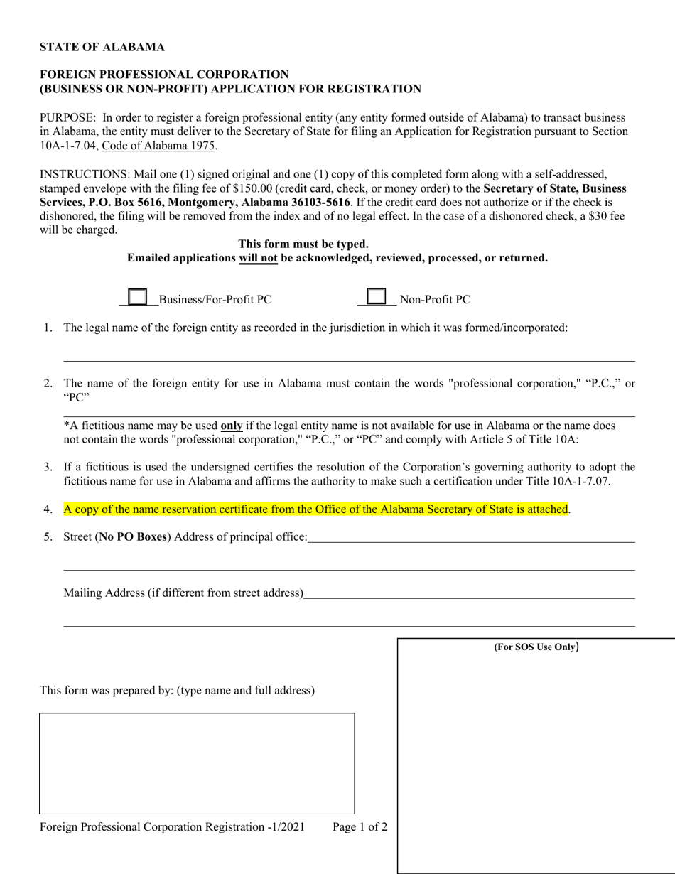 Foreign Professional Corporation (Business or Non-profit) Application for Registration - Alabama, Page 1