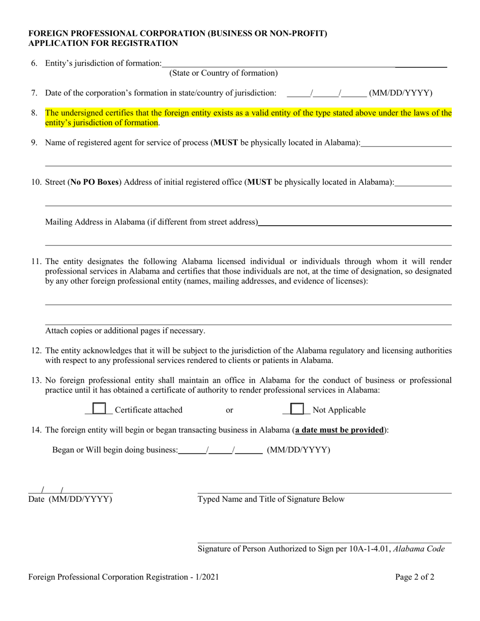 Foreign Professional Corporation (Business or Non-profit) Application for Registration - Alabama, Page 2