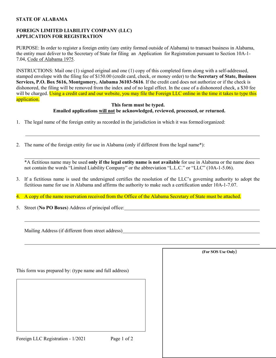 Foreign Limited Liability Company (LLC) Application for Registration - Alabama, Page 1