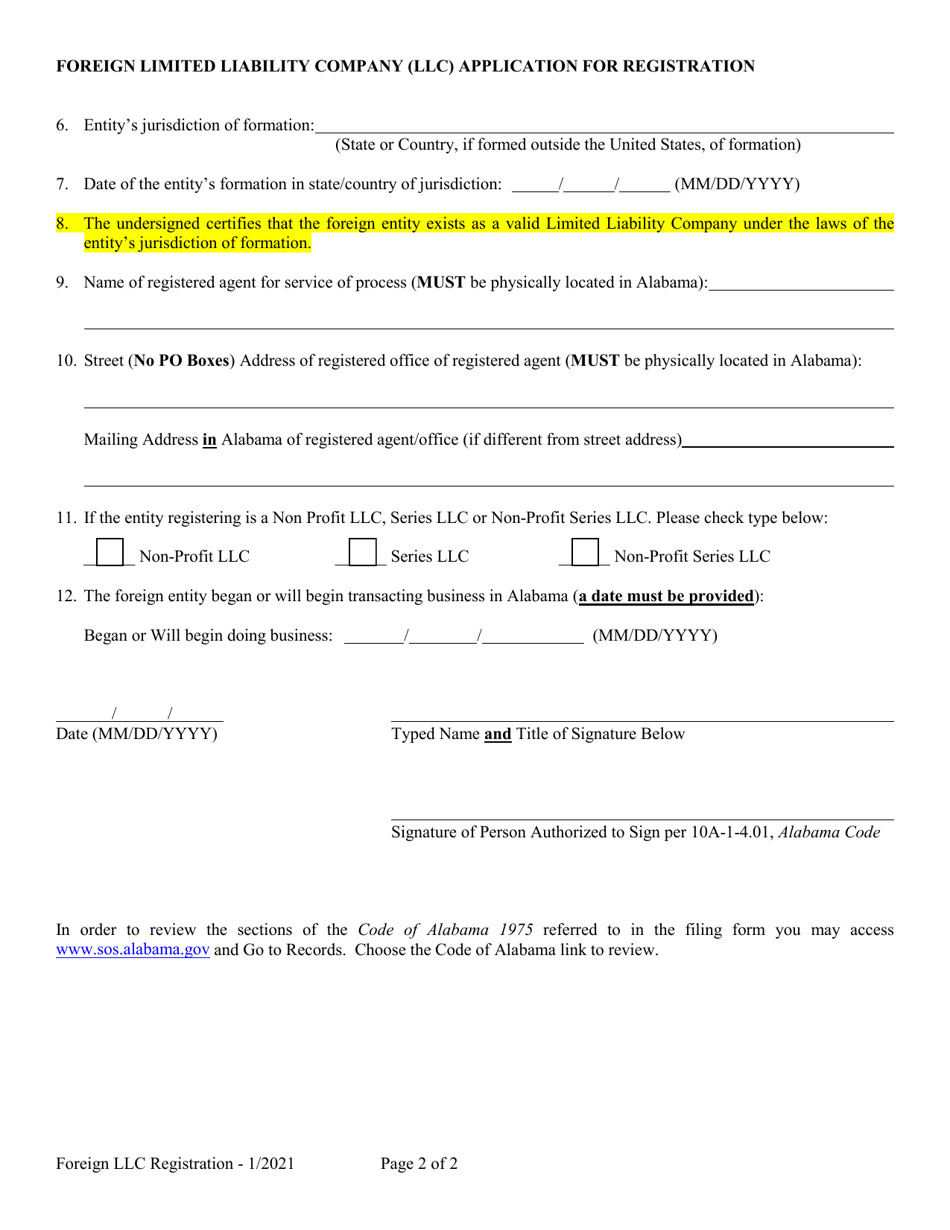 Foreign Limited Liability Company (LLC) Application for Registration - Alabama, Page 2
