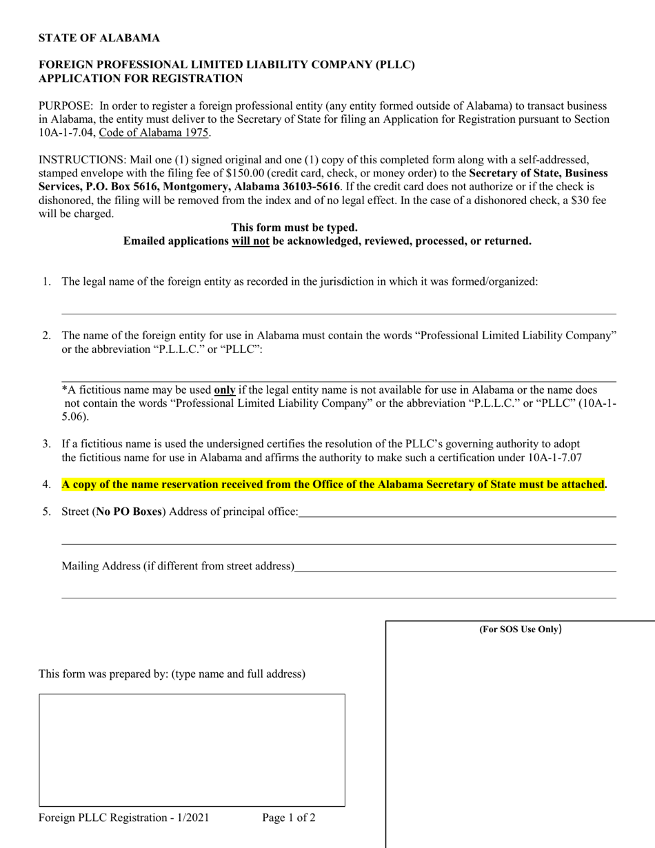 Foreign Professional Limited Liability Company (Pllc) Application for Registration - Alabama, Page 1