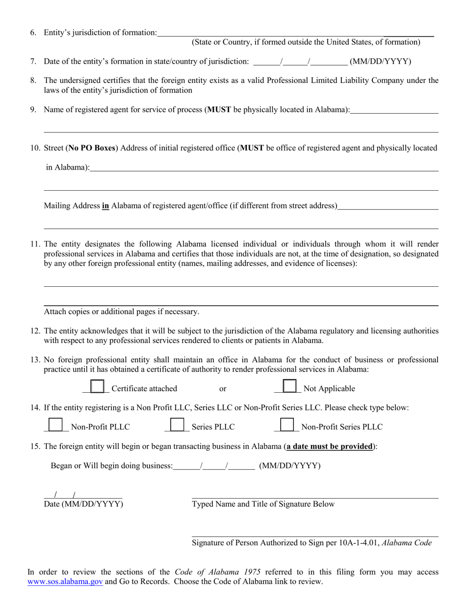 Foreign Professional Limited Liability Company (Pllc) Application for Registration - Alabama, Page 2