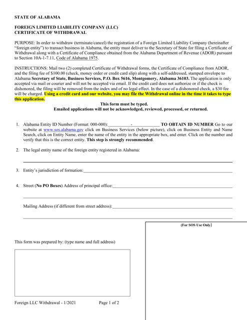 Foreign Limited Liability Company (LLC) Certificate of Withdrawal - Alabama Download Pdf