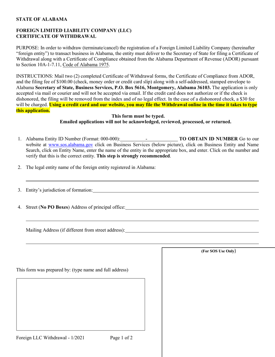 Foreign Limited Liability Company (LLC) Certificate of Withdrawal - Alabama, Page 1