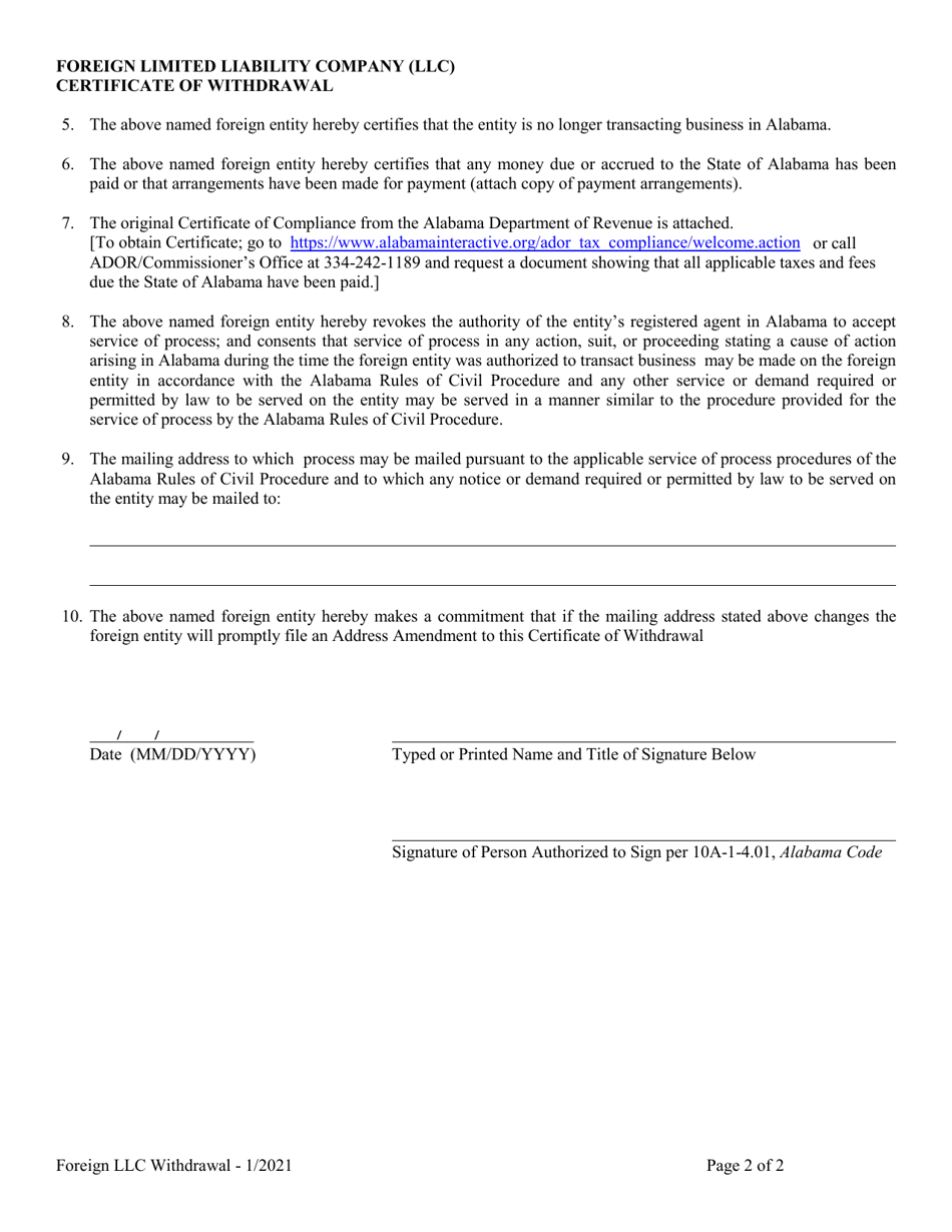 Foreign Limited Liability Company (LLC) Certificate of Withdrawal - Alabama, Page 2