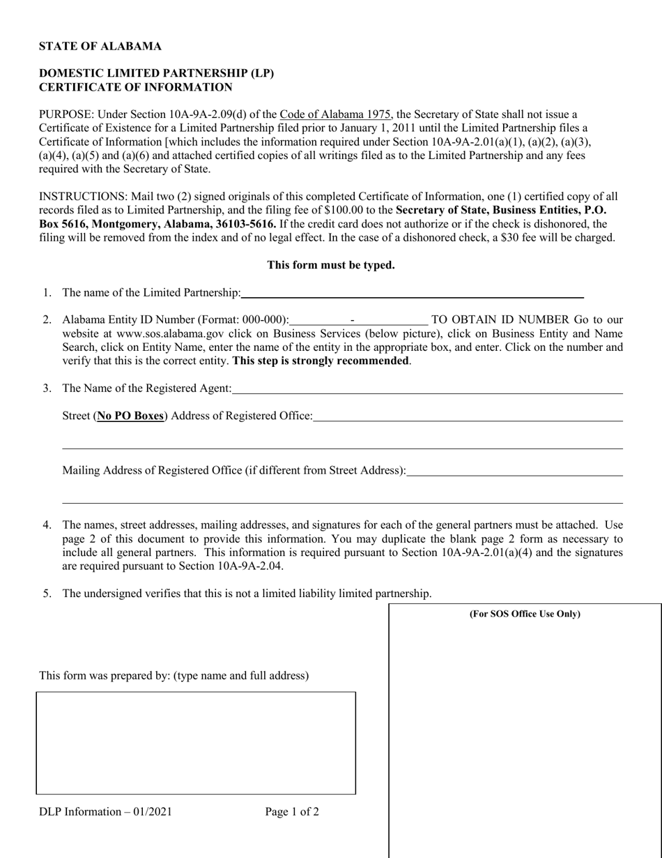 Domestic Limited Partnership (Lp) Certificate of Information - Alabama, Page 1