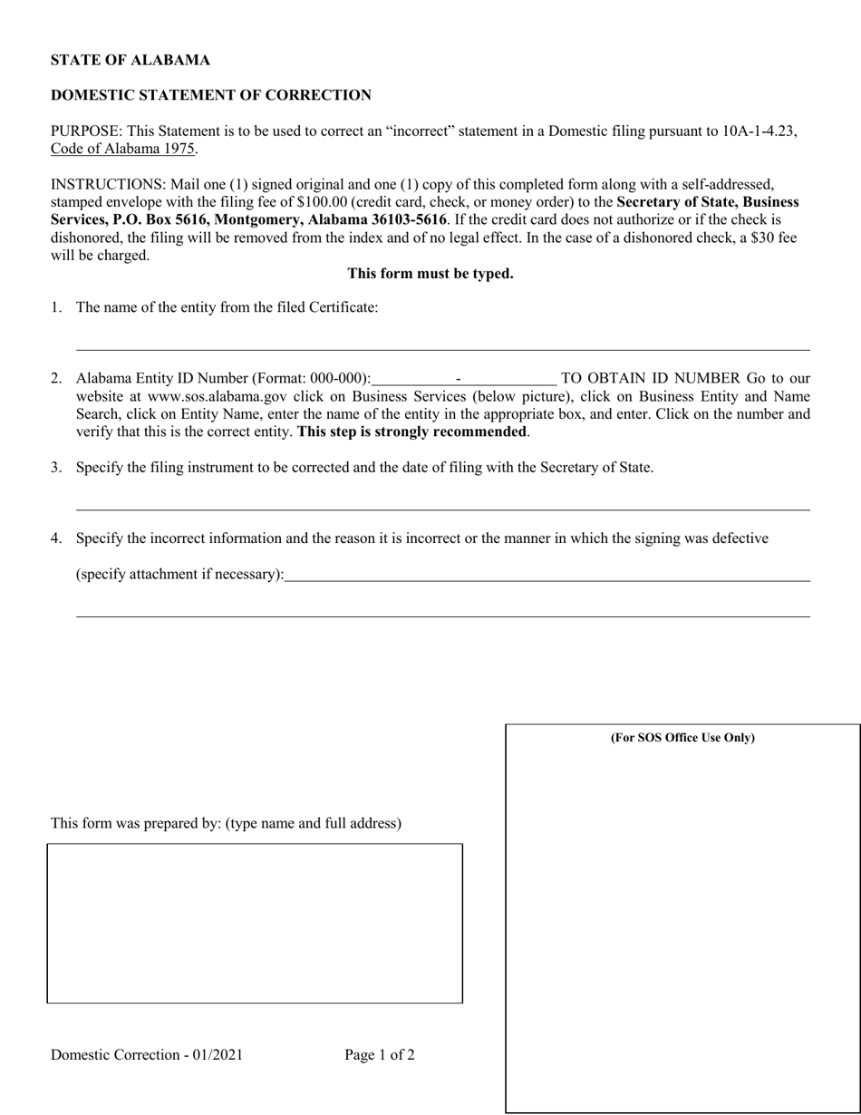 Domestic Statement of Correction - Alabama, Page 1