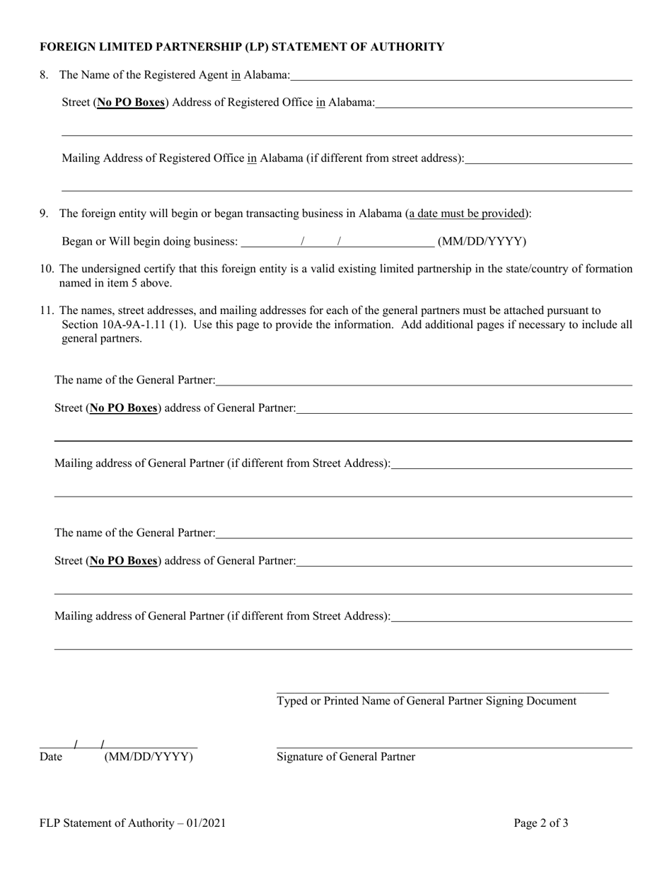 Foreign Limited Partnership (Lp) Statement of Authority - Alabama, Page 2