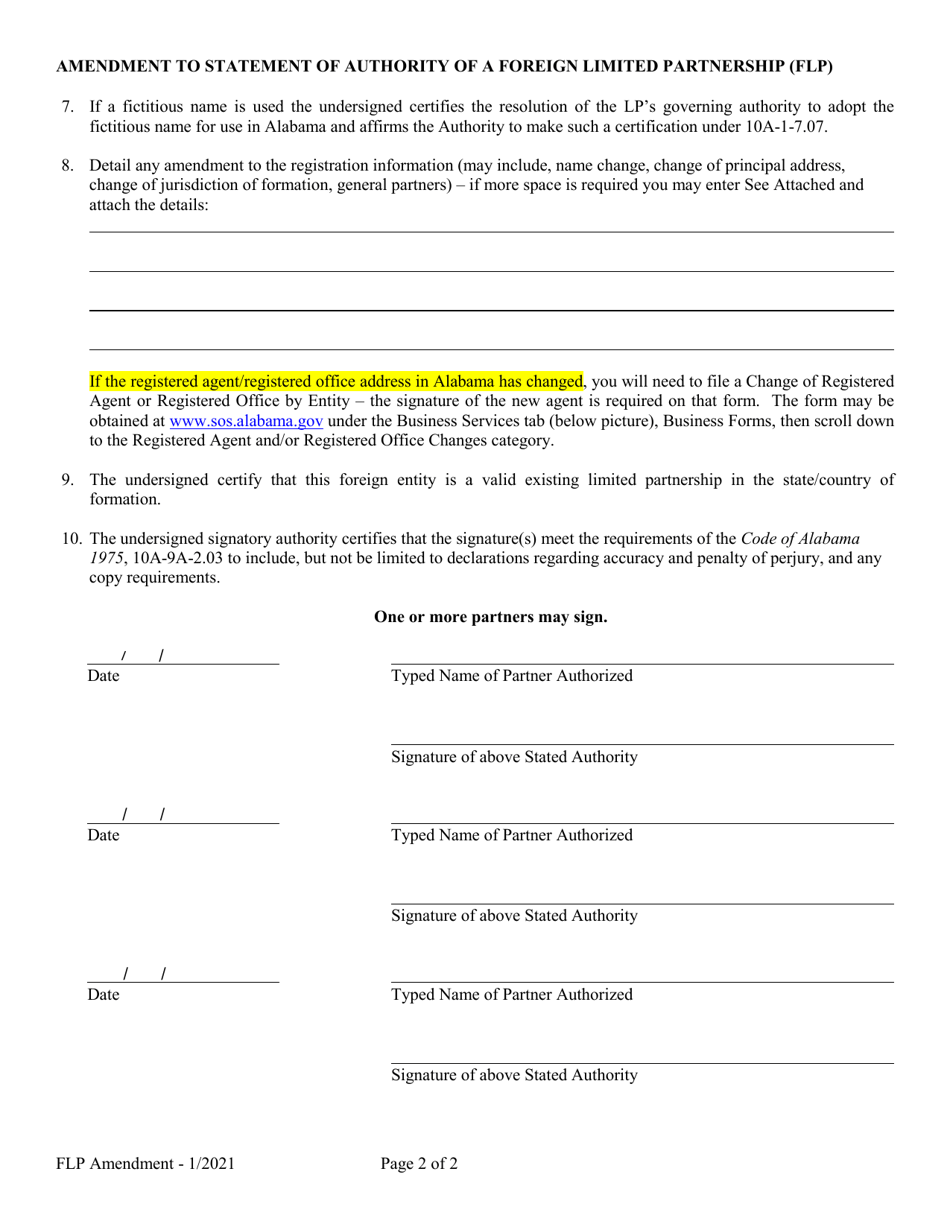 Amendment to Statement of Authority of a Foreign Limited Partnership (Flp) - Alabama, Page 2