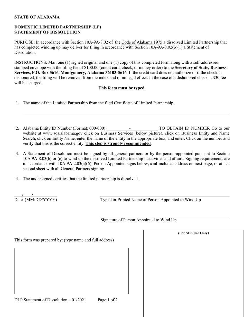 Domestic Limited Partnership (Lp) Statement of Dissolution - Alabama, Page 1