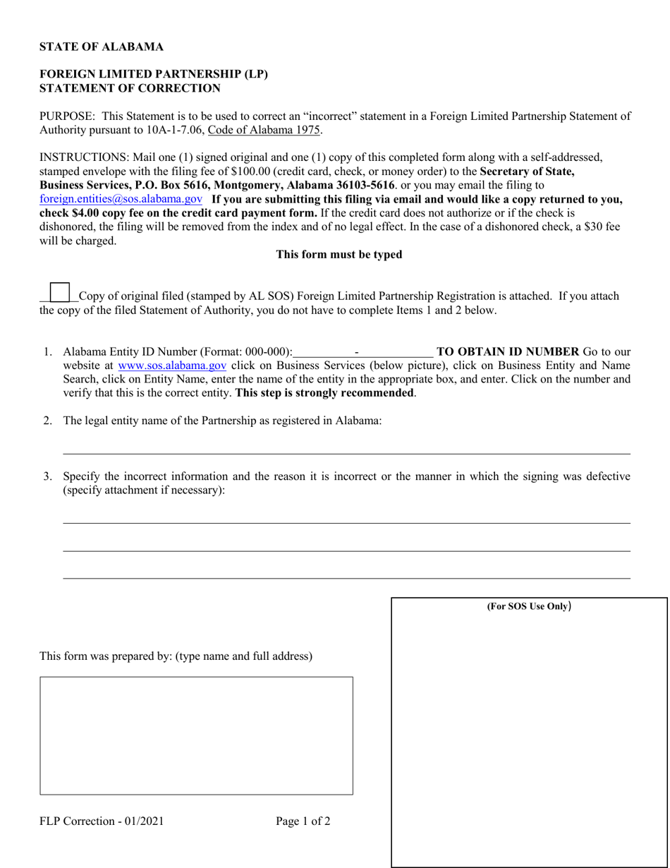 Foreign Limited Partnership (Lp) Statement of Correction - Alabama, Page 1