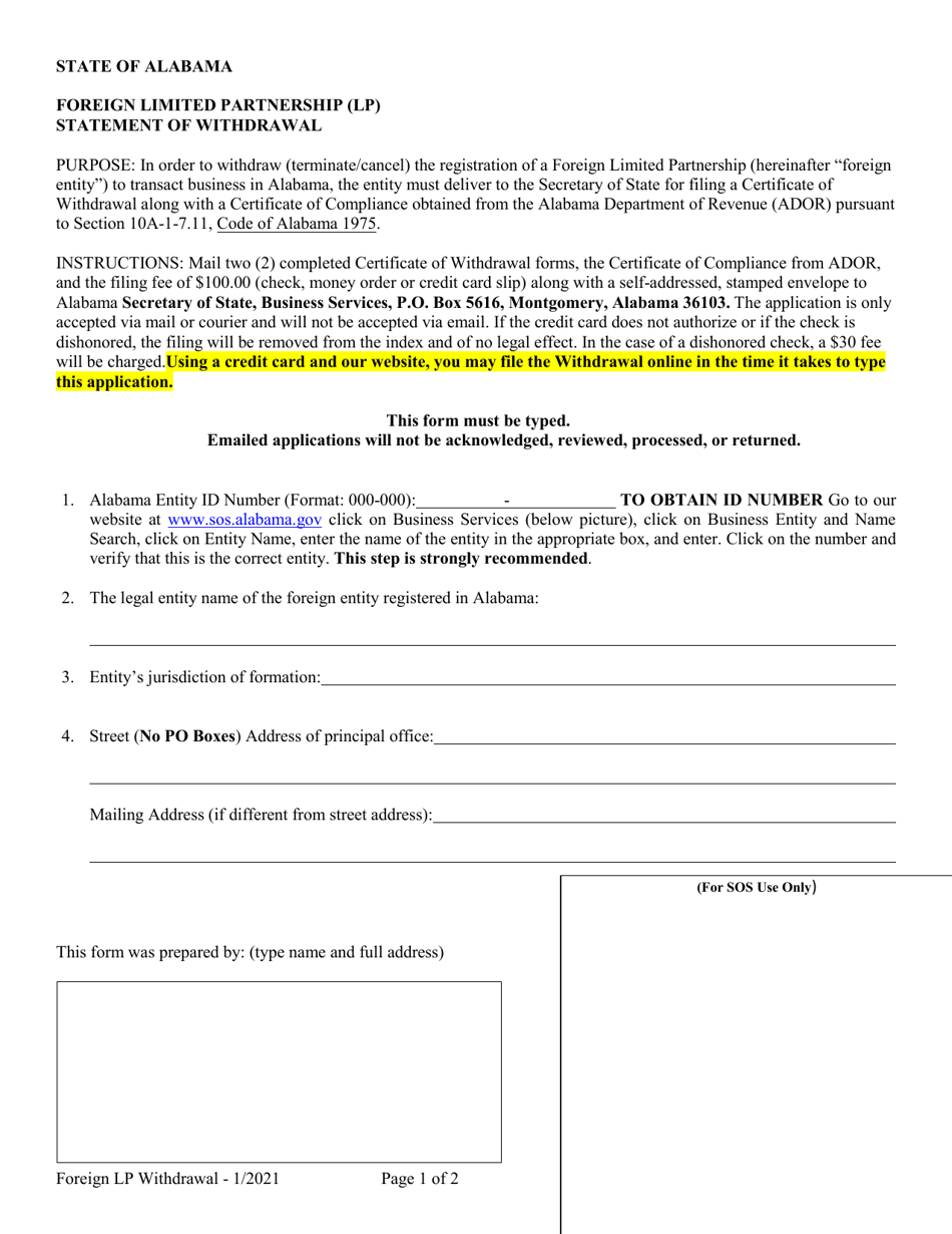 Foreign Limited Partnership (Lp) Statement of Withdrawal - Alabama, Page 1